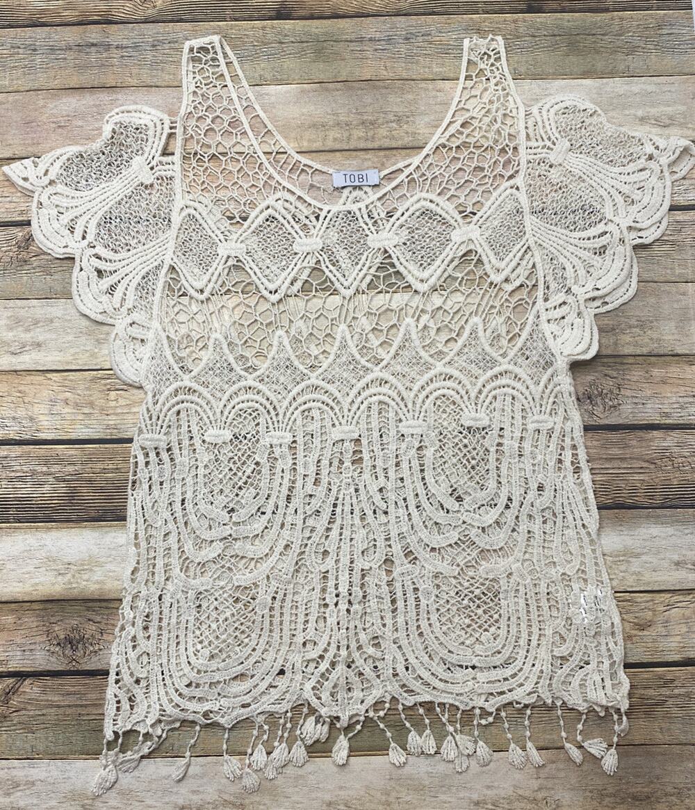 Tobi Womens Size S Ivory Crochet Short Sleeve Top